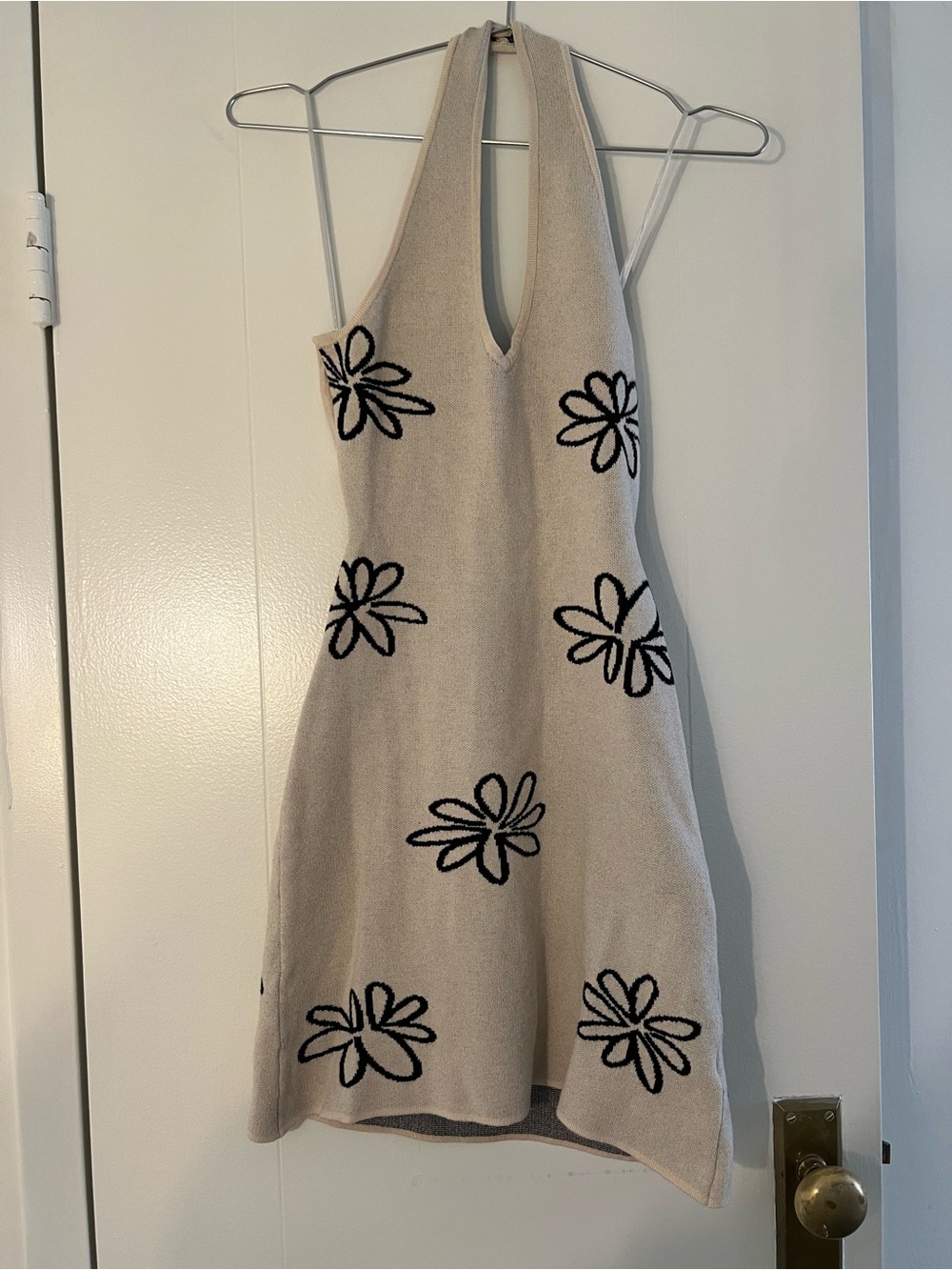 Altar'd State Cream Halter Mini Dress with Black Daisy Appliqués